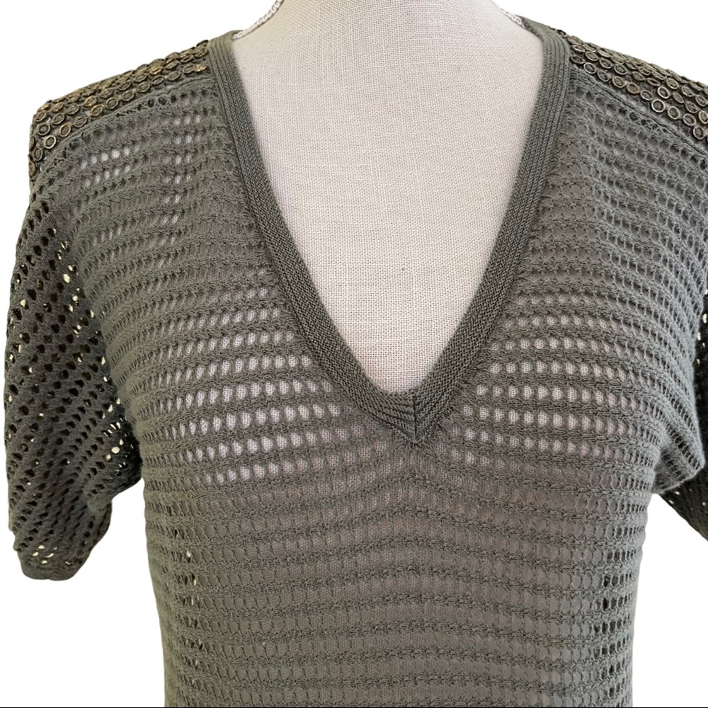Chico's Olive Green Open Knit V-Neck Top with Metal Shoulder Detail - Picture 4 of 7